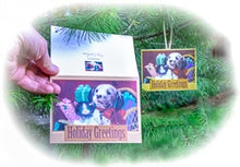 Load image into Gallery viewer, Showing a Mini-Card Ornament on a Christmas tree and the original Christmas card from which it was made.
