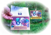 Load image into Gallery viewer, Showing a Mini-Card Ornament on a Christmas tree and the original Christmas card from which it was made.