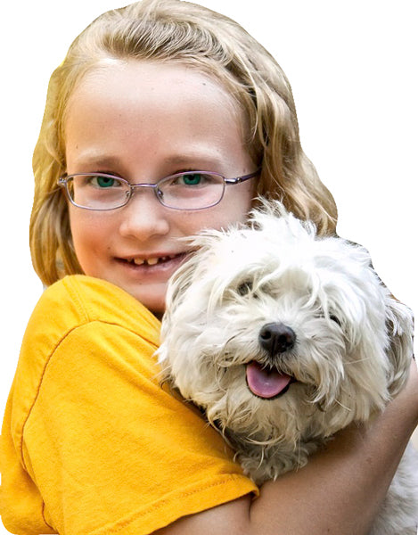 Girl with little dog as a refrigerator magnet style photo cutout.  